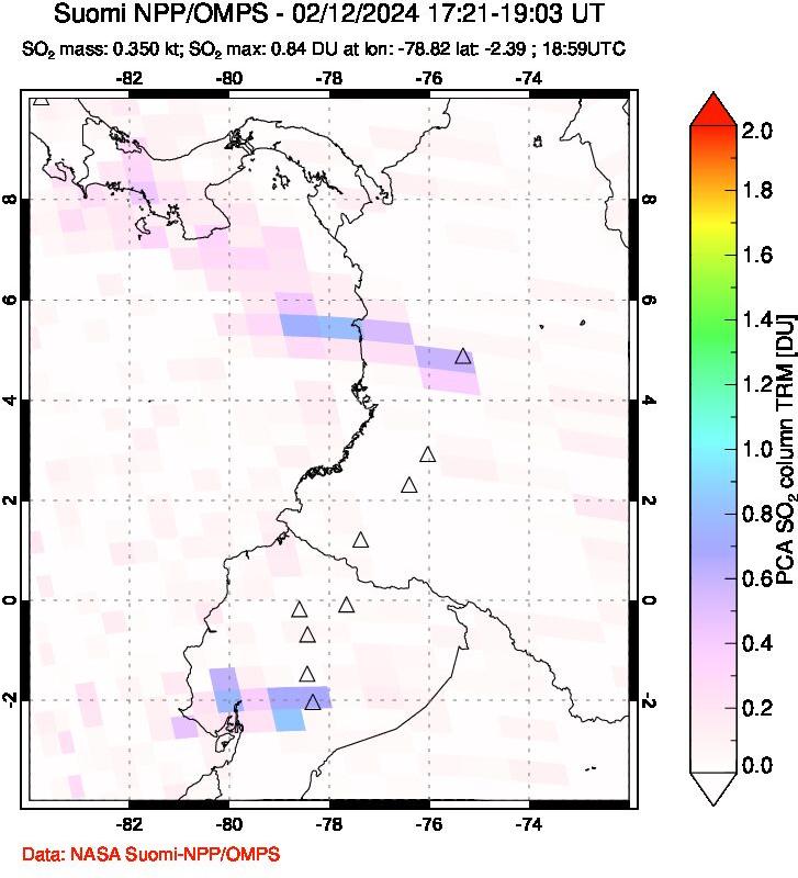 A sulfur dioxide image over Ecuador on Feb 12, 2024.