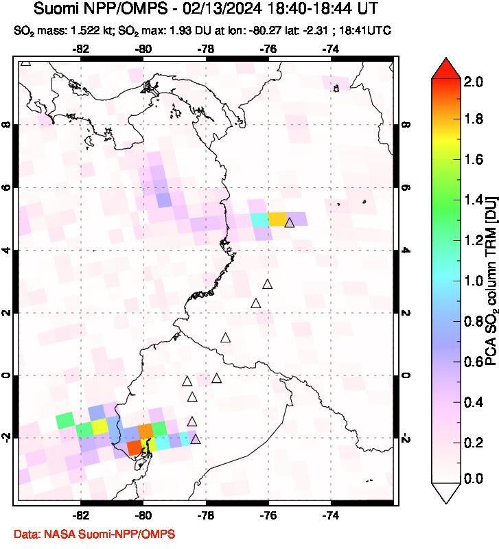 A sulfur dioxide image over Ecuador on Feb 13, 2024.