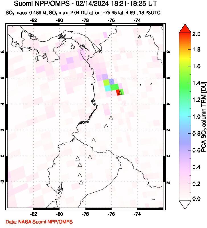 A sulfur dioxide image over Ecuador on Feb 14, 2024.