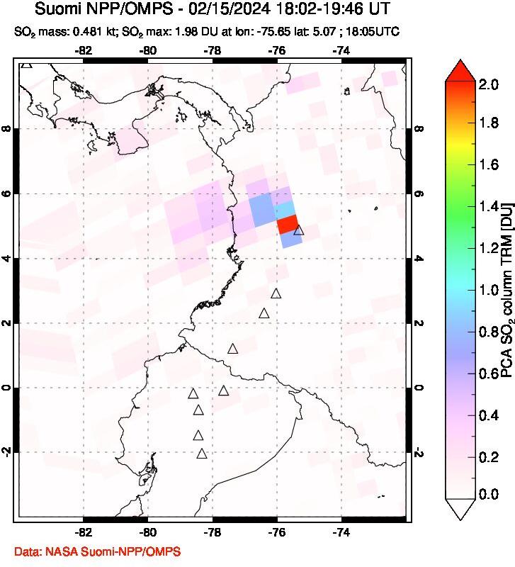 A sulfur dioxide image over Ecuador on Feb 15, 2024.