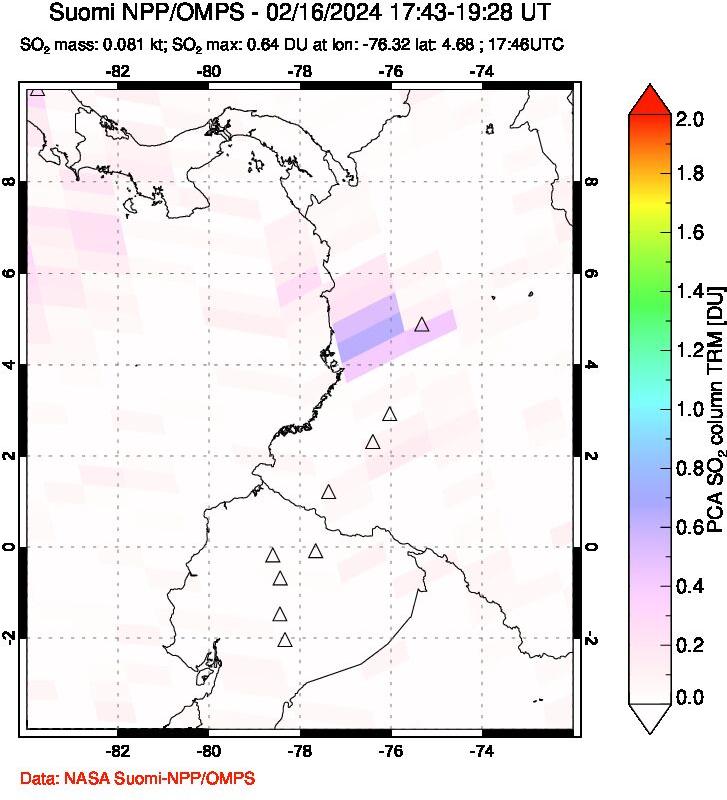 A sulfur dioxide image over Ecuador on Feb 16, 2024.