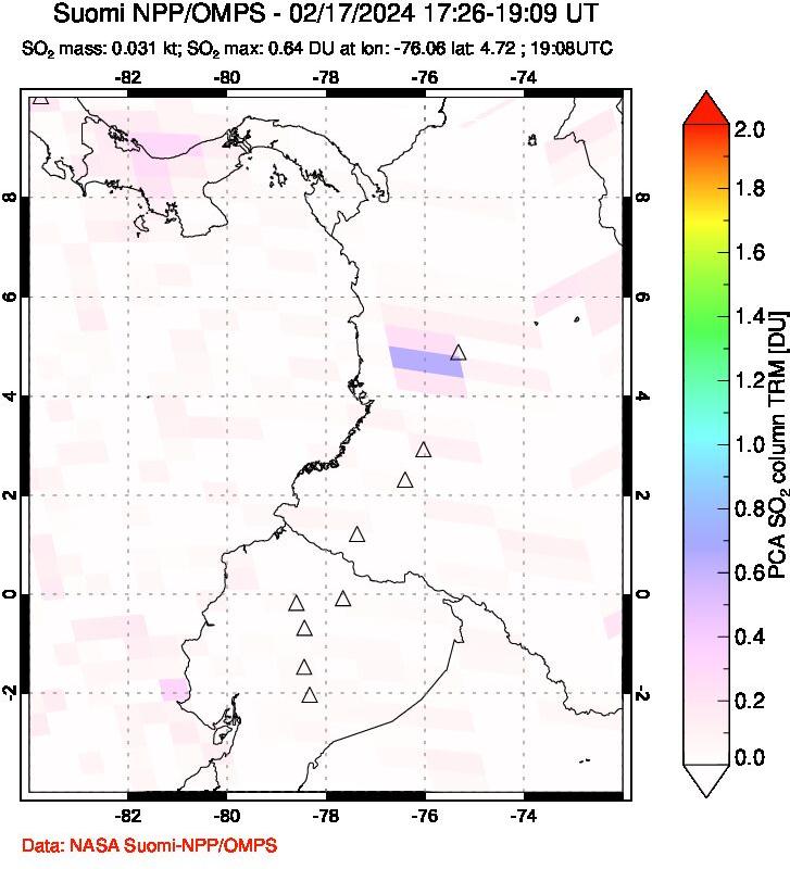 A sulfur dioxide image over Ecuador on Feb 17, 2024.