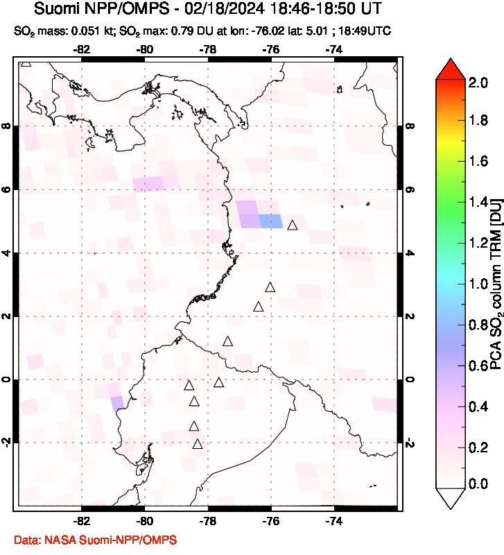 A sulfur dioxide image over Ecuador on Feb 18, 2024.