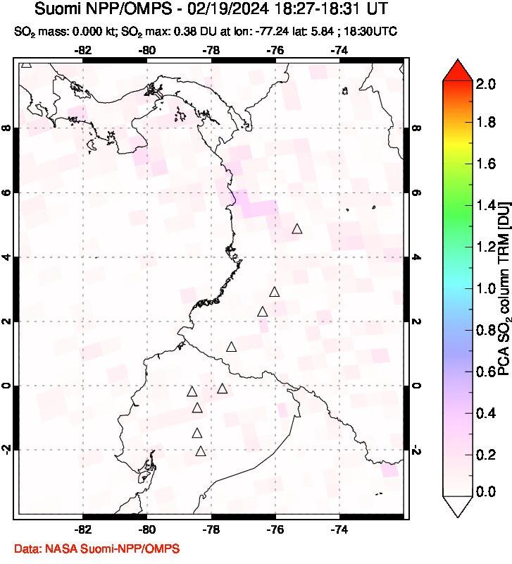 A sulfur dioxide image over Ecuador on Feb 19, 2024.