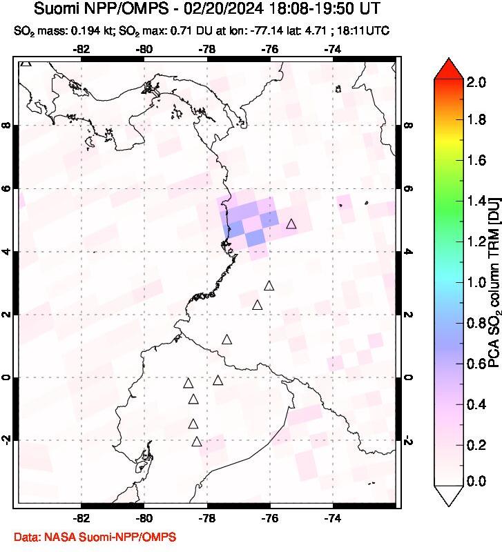 A sulfur dioxide image over Ecuador on Feb 20, 2024.