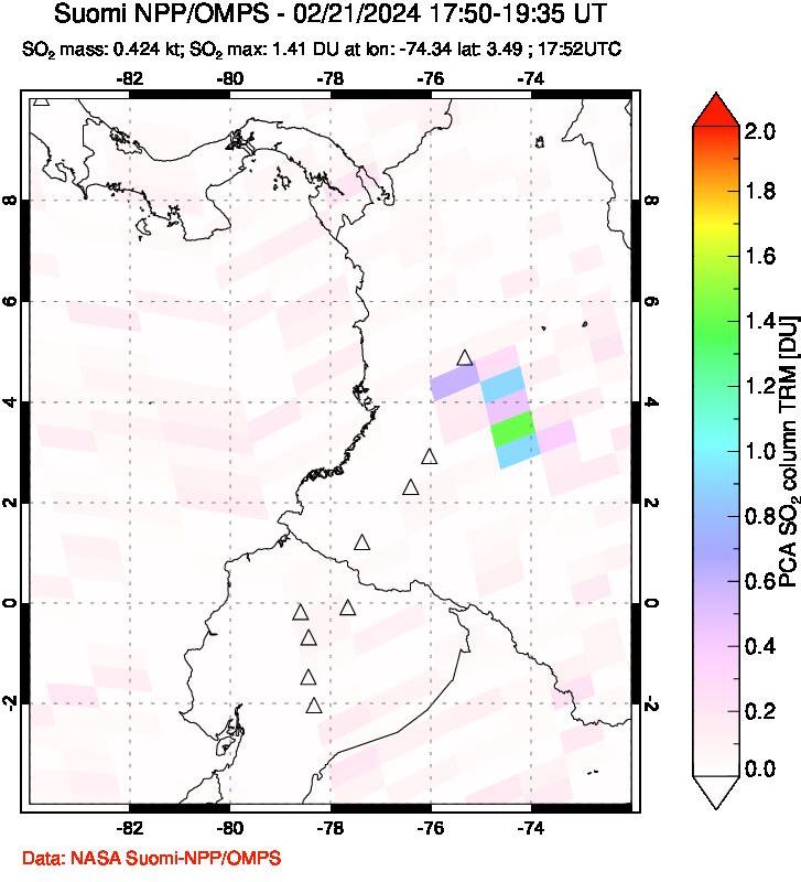 A sulfur dioxide image over Ecuador on Feb 21, 2024.