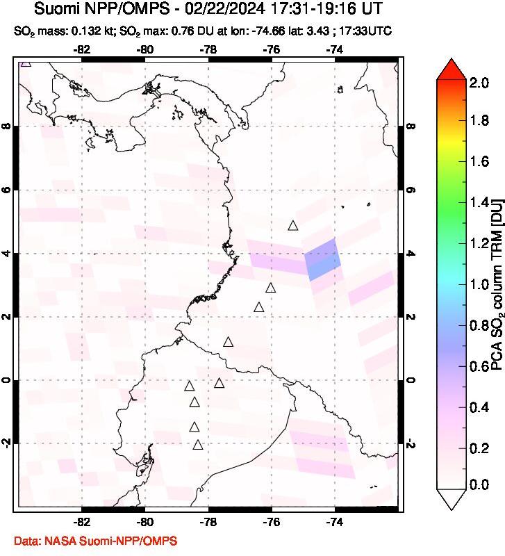 A sulfur dioxide image over Ecuador on Feb 22, 2024.