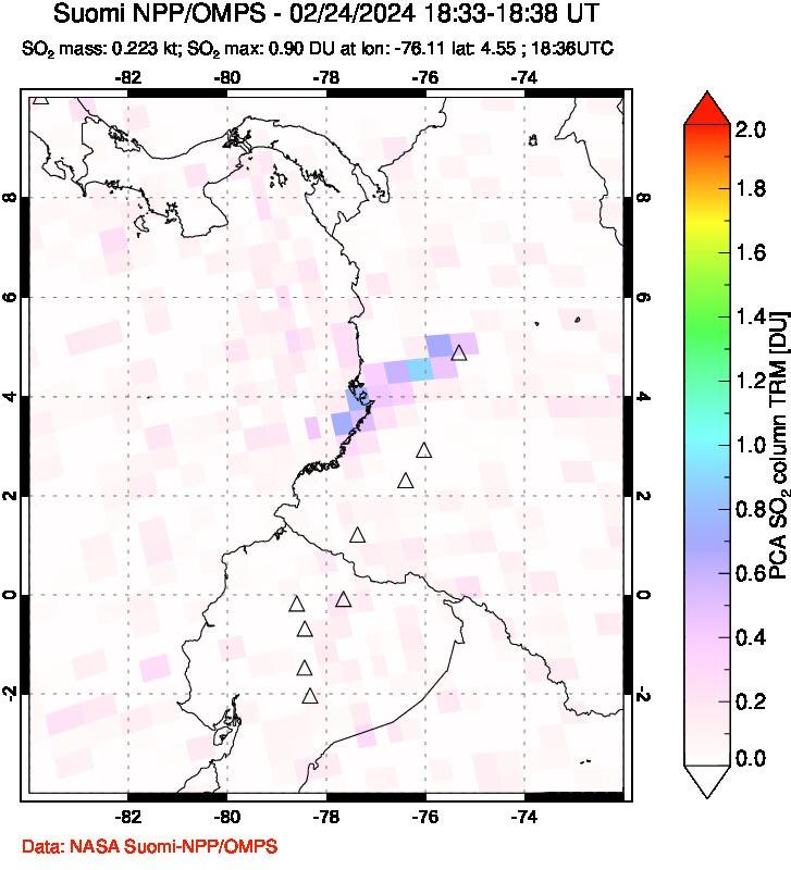 A sulfur dioxide image over Ecuador on Feb 24, 2024.