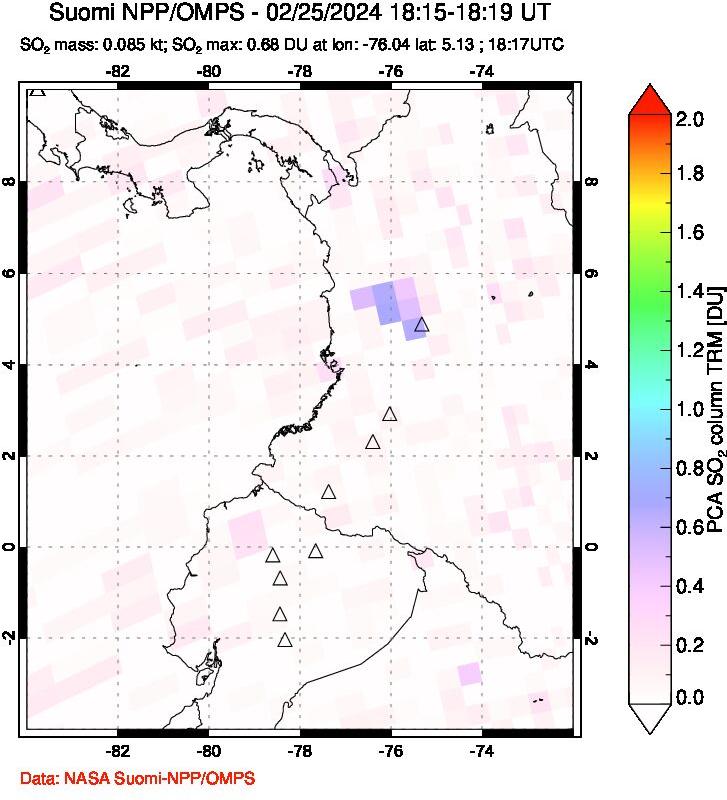 A sulfur dioxide image over Ecuador on Feb 25, 2024.