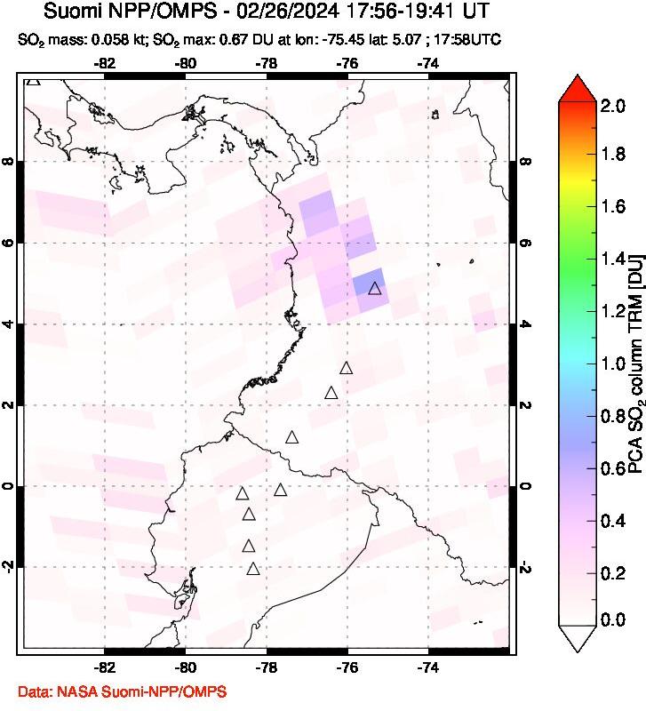 A sulfur dioxide image over Ecuador on Feb 26, 2024.