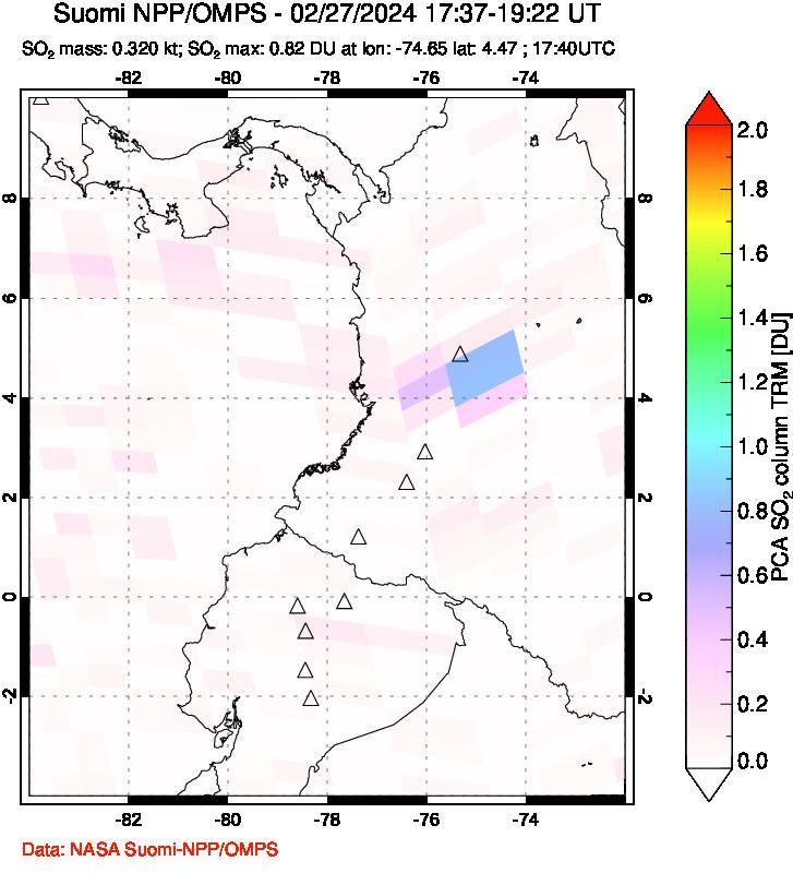 A sulfur dioxide image over Ecuador on Feb 27, 2024.