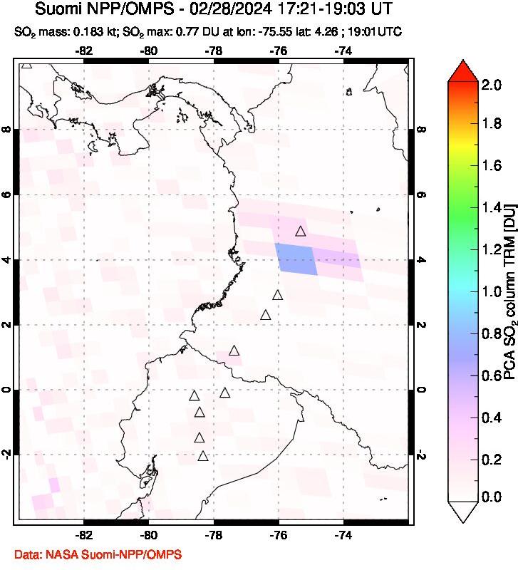 A sulfur dioxide image over Ecuador on Feb 28, 2024.