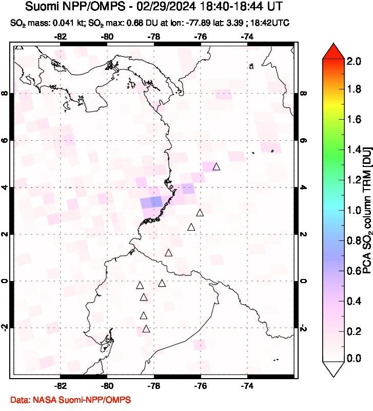 A sulfur dioxide image over Ecuador on Feb 29, 2024.