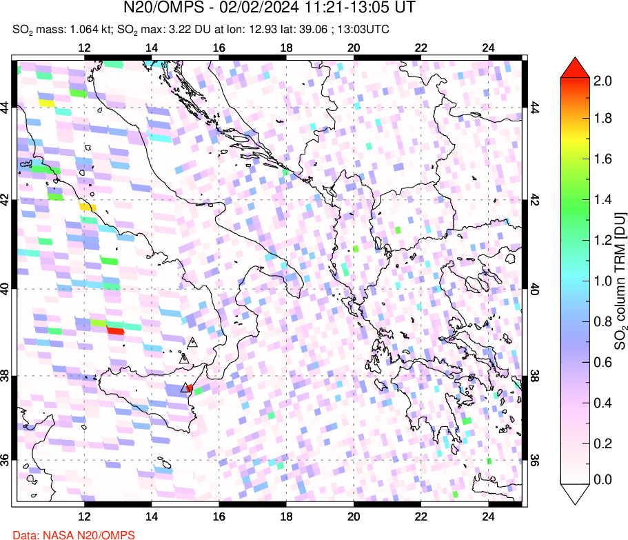 A sulfur dioxide image over Etna, Sicily, Italy on Feb 02, 2024.