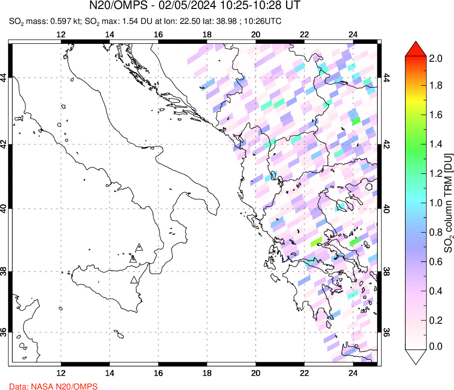 A sulfur dioxide image over Etna, Sicily, Italy on Feb 05, 2024.