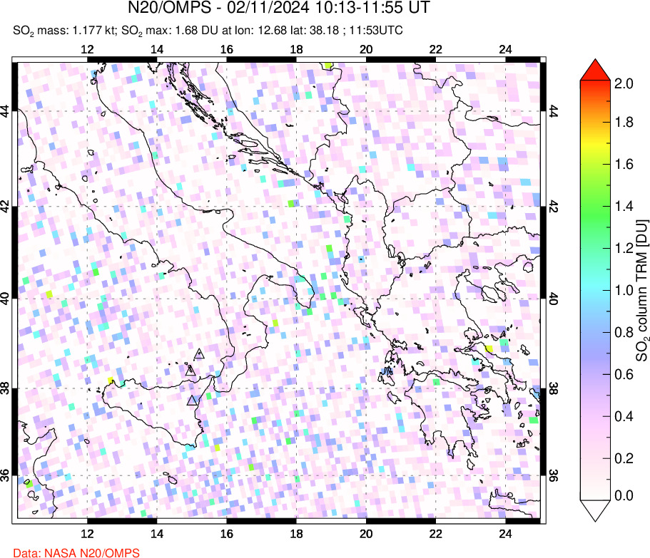 A sulfur dioxide image over Etna, Sicily, Italy on Feb 11, 2024.