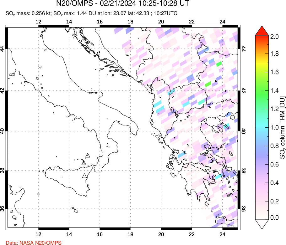 A sulfur dioxide image over Etna, Sicily, Italy on Feb 21, 2024.