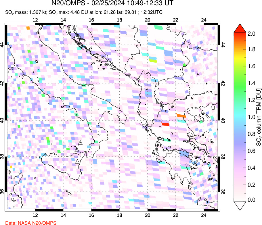 A sulfur dioxide image over Etna, Sicily, Italy on Feb 25, 2024.