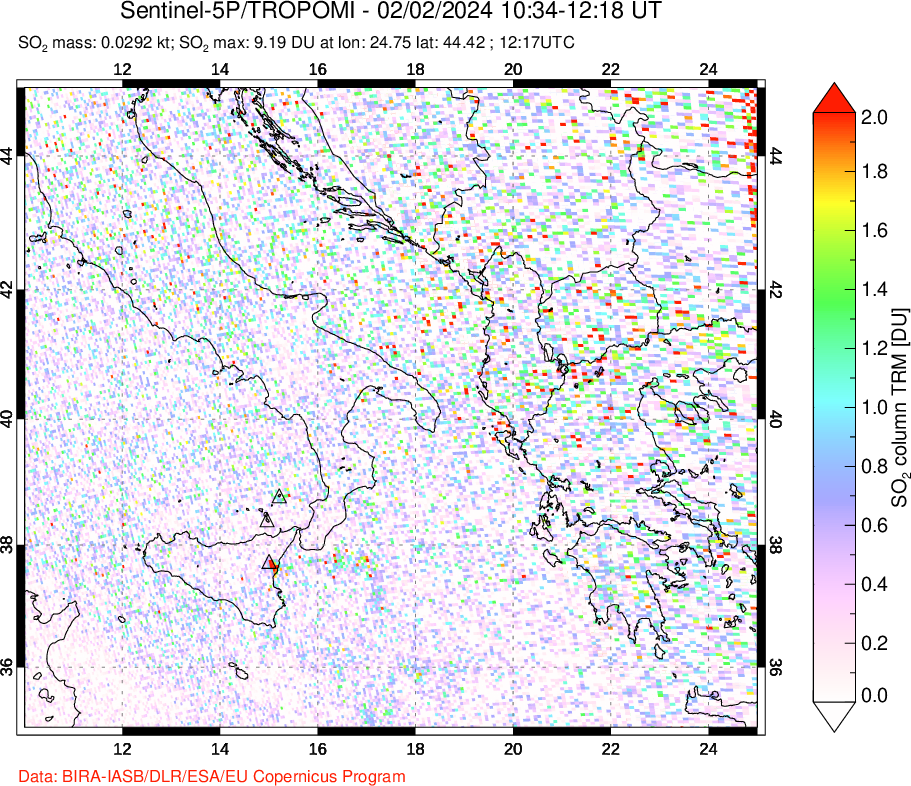 A sulfur dioxide image over Etna, Sicily, Italy on Feb 02, 2024.