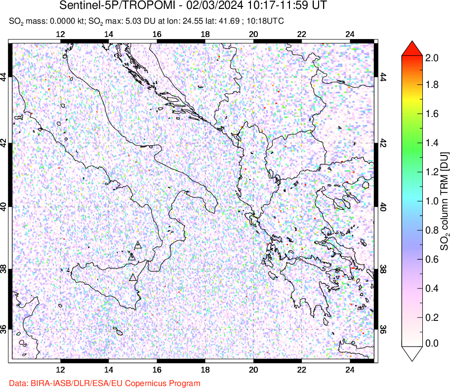 A sulfur dioxide image over Etna, Sicily, Italy on Feb 03, 2024.