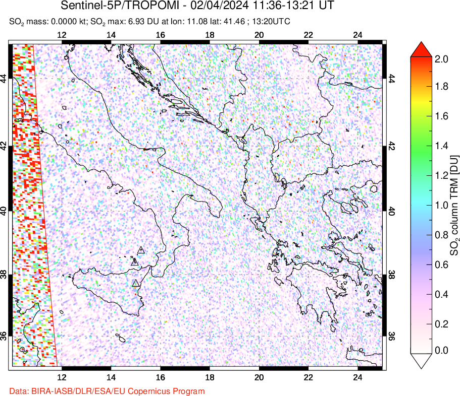 A sulfur dioxide image over Etna, Sicily, Italy on Feb 04, 2024.