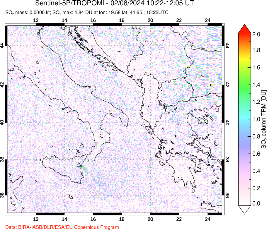 A sulfur dioxide image over Etna, Sicily, Italy on Feb 08, 2024.