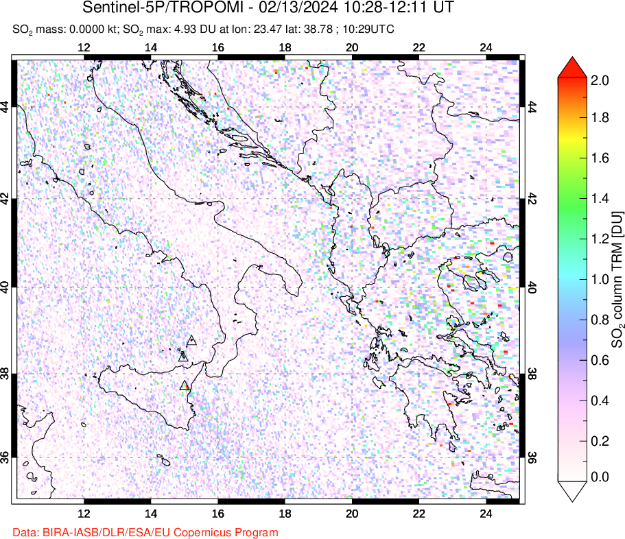 A sulfur dioxide image over Etna, Sicily, Italy on Feb 13, 2024.