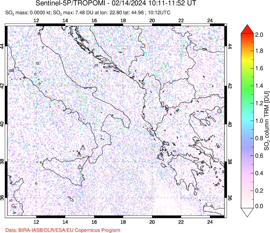 A sulfur dioxide image over Etna, Sicily, Italy on Feb 14, 2024.