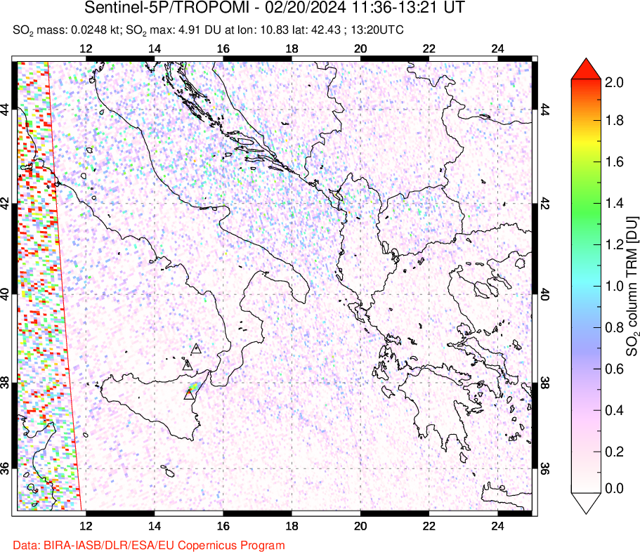 A sulfur dioxide image over Etna, Sicily, Italy on Feb 20, 2024.