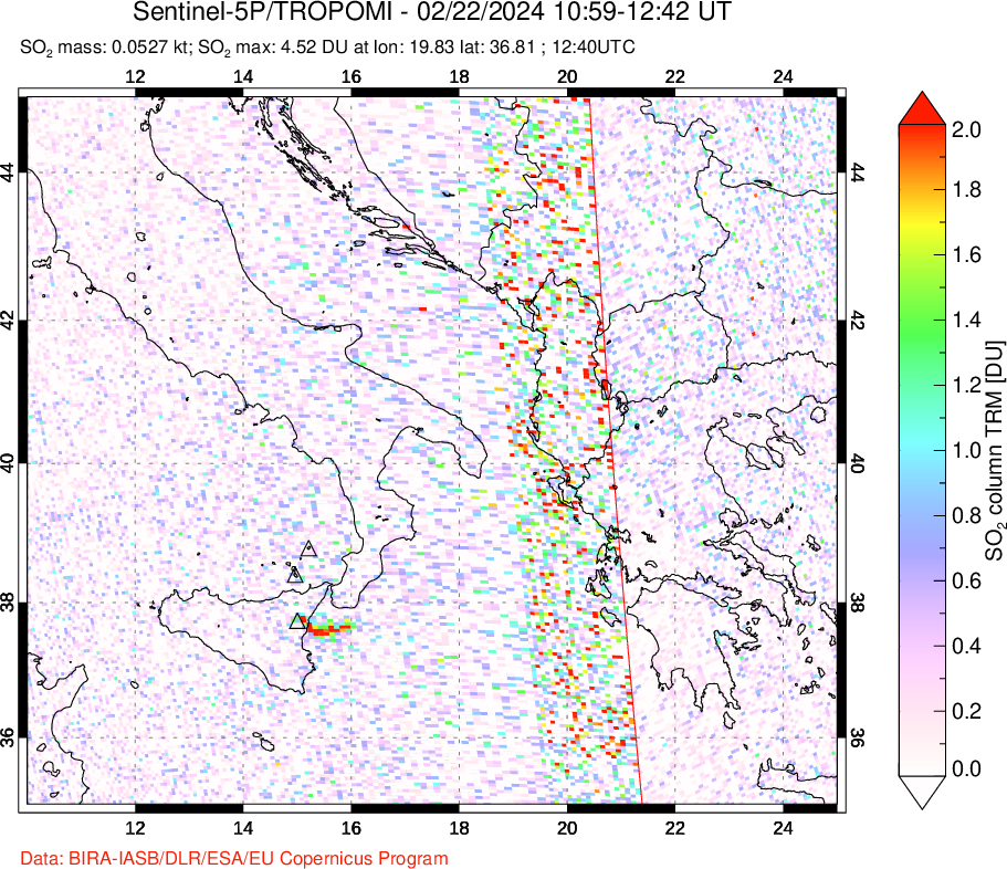 A sulfur dioxide image over Etna, Sicily, Italy on Feb 22, 2024.