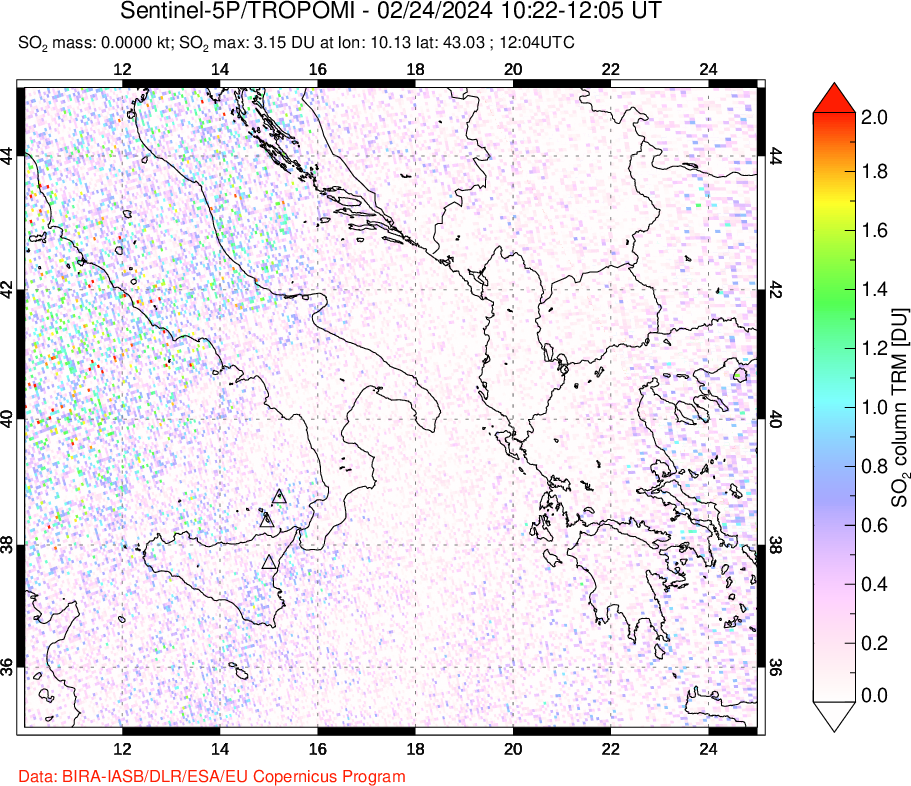 A sulfur dioxide image over Etna, Sicily, Italy on Feb 24, 2024.