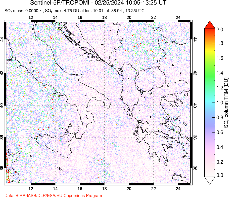 A sulfur dioxide image over Etna, Sicily, Italy on Feb 25, 2024.