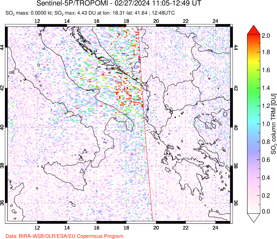 A sulfur dioxide image over Etna, Sicily, Italy on Feb 27, 2024.