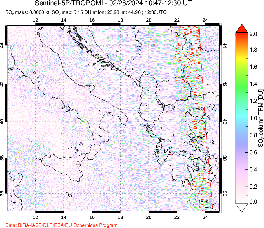 A sulfur dioxide image over Etna, Sicily, Italy on Feb 28, 2024.