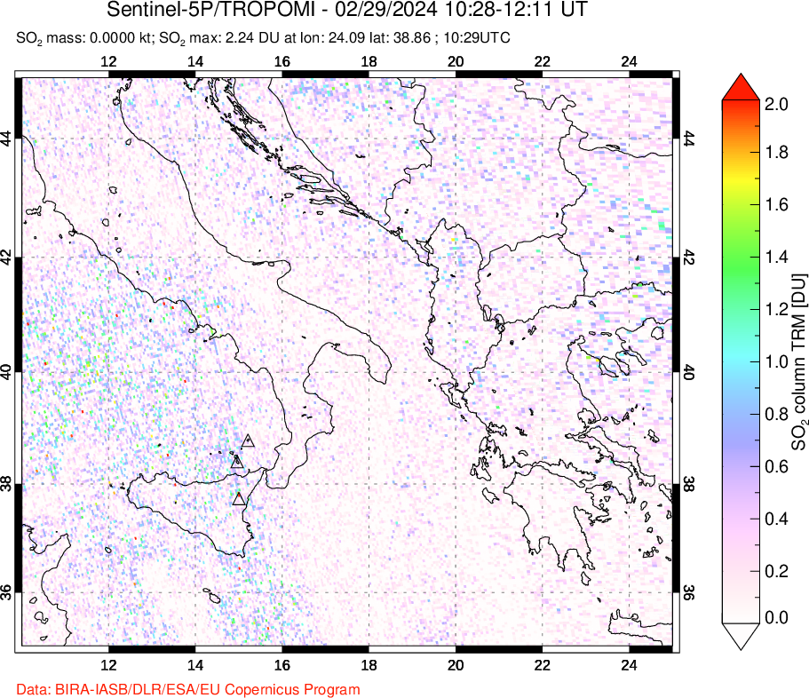 A sulfur dioxide image over Etna, Sicily, Italy on Feb 29, 2024.