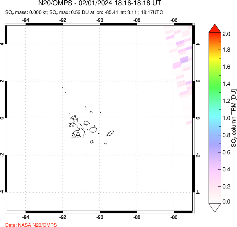A sulfur dioxide image over Galápagos Islands on Feb 01, 2024.