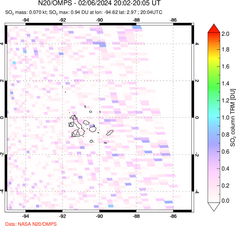 A sulfur dioxide image over Galápagos Islands on Feb 06, 2024.