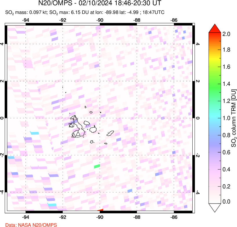 A sulfur dioxide image over Galápagos Islands on Feb 10, 2024.
