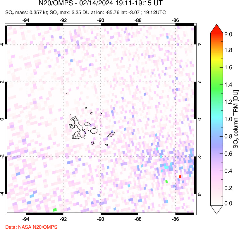 A sulfur dioxide image over Galápagos Islands on Feb 14, 2024.