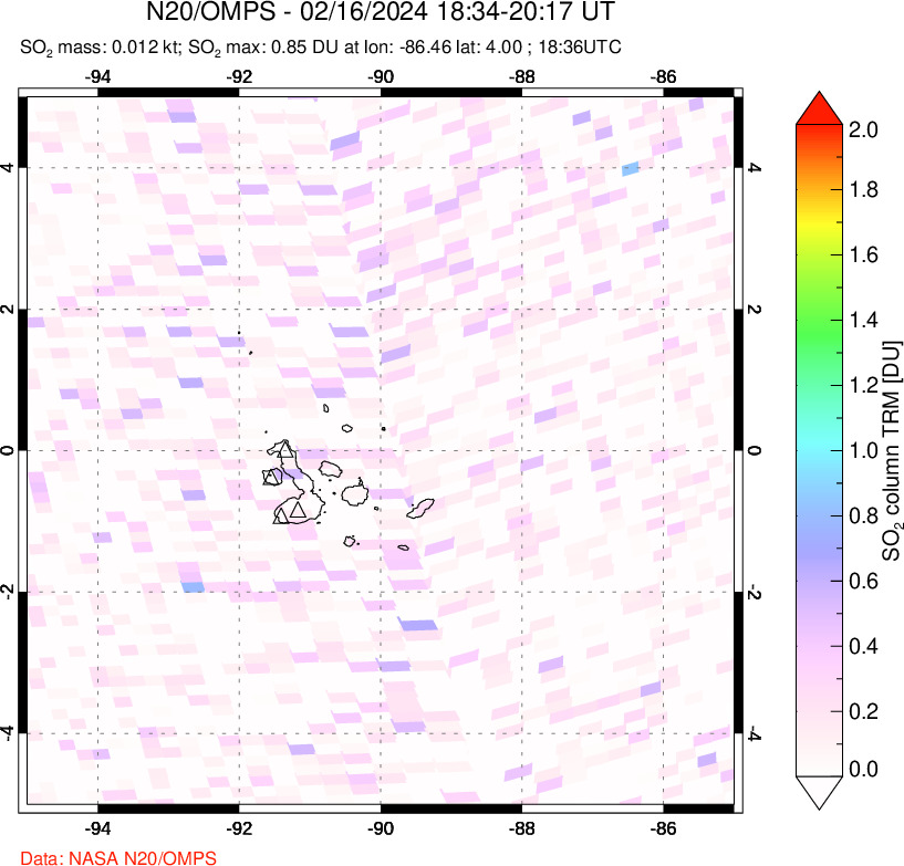 A sulfur dioxide image over Galápagos Islands on Feb 16, 2024.