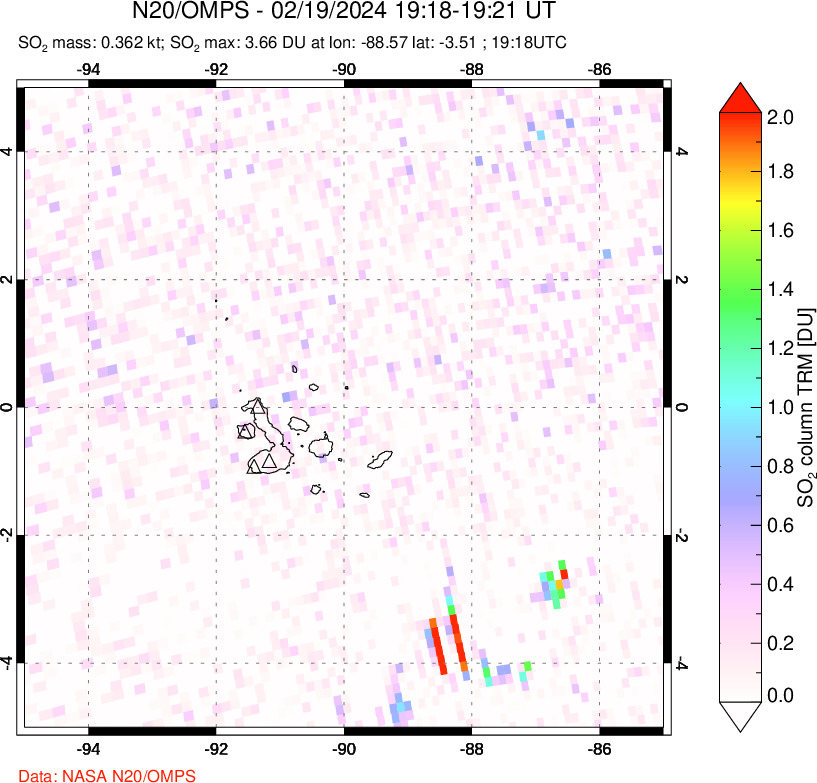 A sulfur dioxide image over Galápagos Islands on Feb 19, 2024.