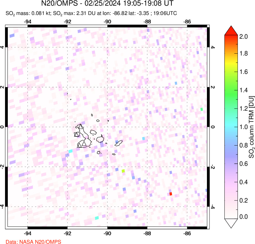 A sulfur dioxide image over Galápagos Islands on Feb 25, 2024.