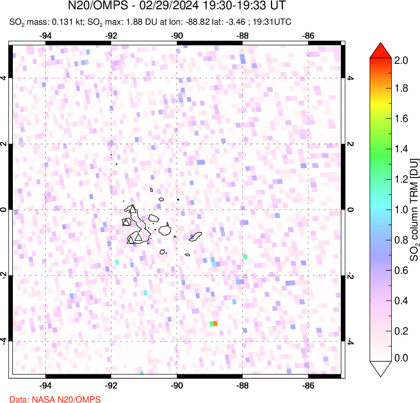 A sulfur dioxide image over Galápagos Islands on Feb 29, 2024.