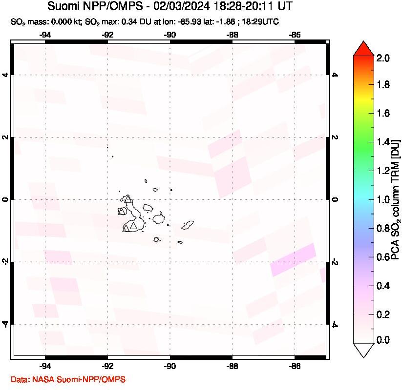 A sulfur dioxide image over Galápagos Islands on Feb 03, 2024.