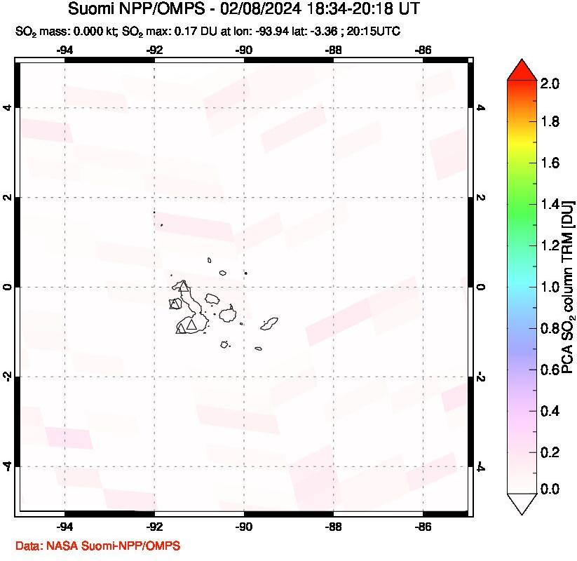 A sulfur dioxide image over Galápagos Islands on Feb 08, 2024.