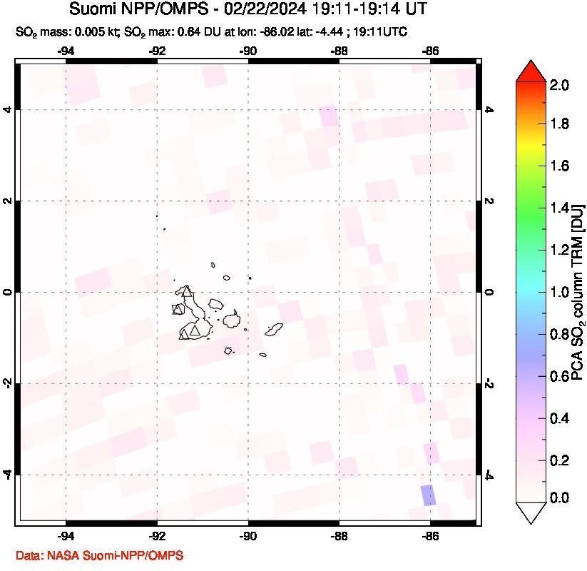 A sulfur dioxide image over Galápagos Islands on Feb 22, 2024.