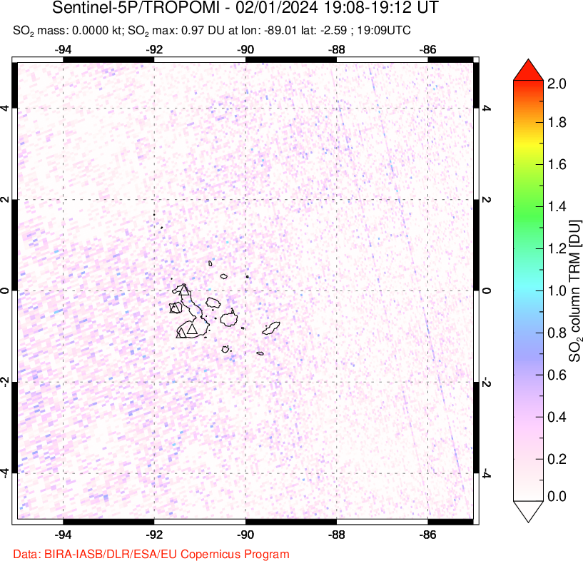 A sulfur dioxide image over Galápagos Islands on Feb 01, 2024.