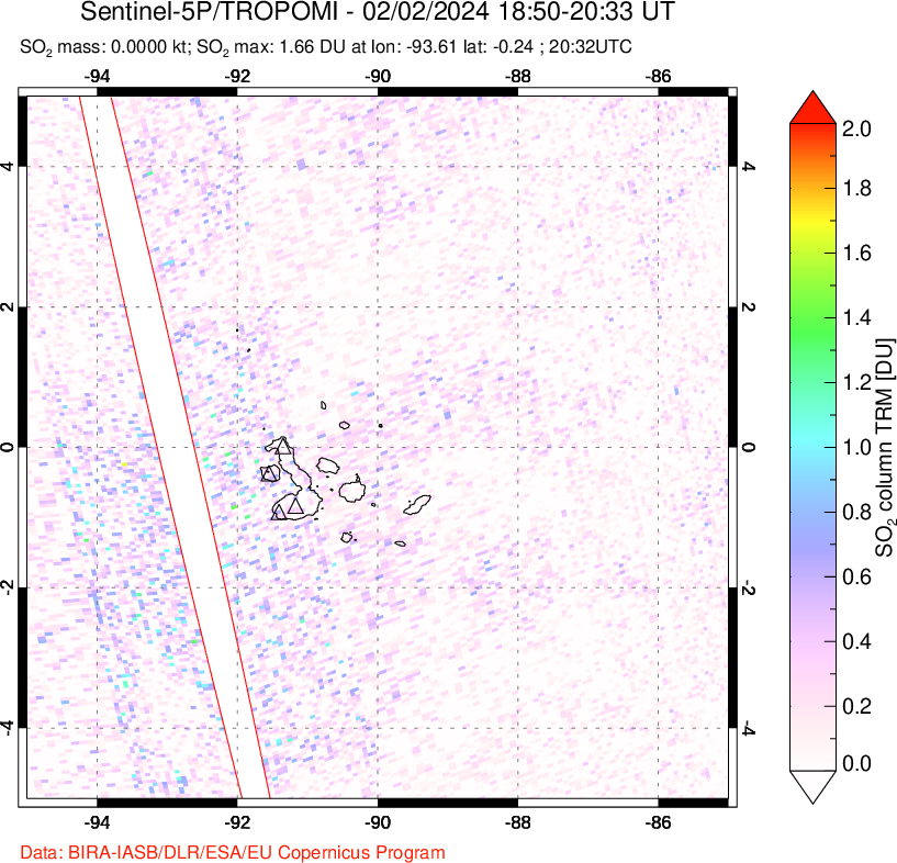 A sulfur dioxide image over Galápagos Islands on Feb 02, 2024.