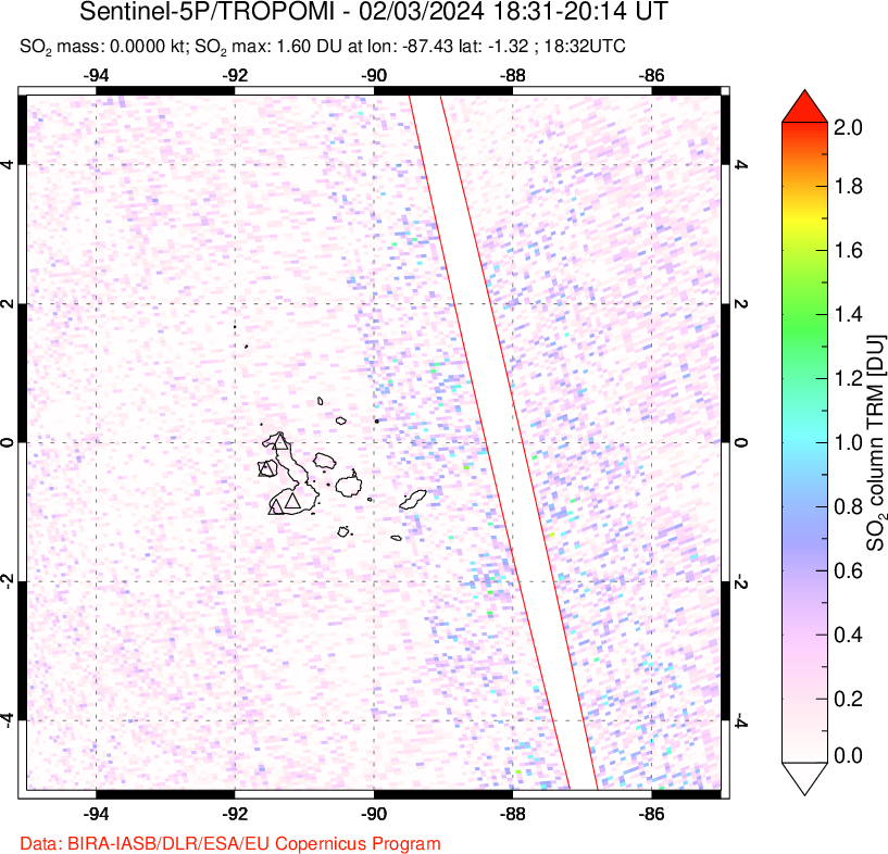 A sulfur dioxide image over Galápagos Islands on Feb 03, 2024.