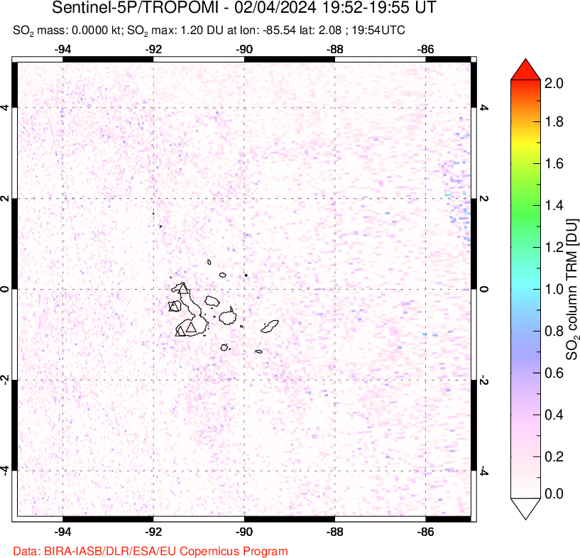 A sulfur dioxide image over Galápagos Islands on Feb 04, 2024.